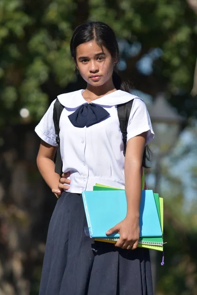 Sad Young Diverse Girl Student Wearing School Uniform Books — Stock Photo, Image