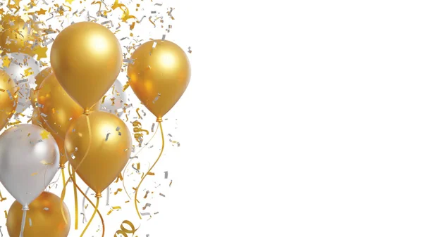 Balões Ouro Prata Com Confete Folha Caindo Sobre Fundo Branco — Fotografia de Stock