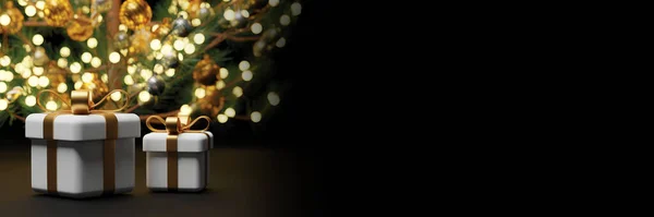 Noel Afişi Tasarımı Hediye Kutusu Çam Ağacı Arkaplanı Bokeh Işıklı — Stok fotoğraf