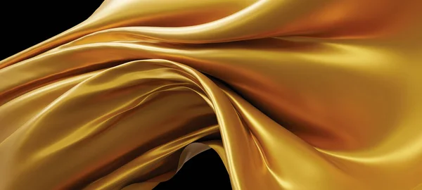 Gold Fabric Flying Wind Isolated Black Background Render — Stok fotoğraf