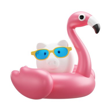 Güneş gözlüklü domuz kumbarası ve şişirilebilir flamingo 3D çizimi.