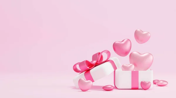 粉红背景的礼品盒情人节横幅3D渲染 — 图库照片