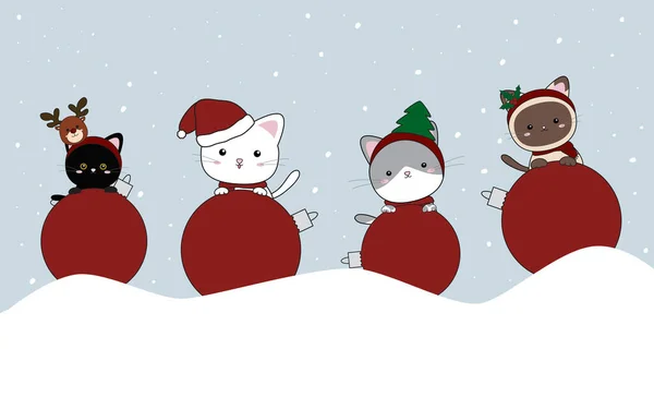 눈내리는 일러스트 크리스마스 고양이와 Xmas Ball — 스톡 벡터