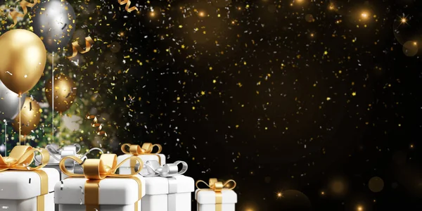 Joulu Uusi Vuosi Bannerin Suunnittelu Lahjapakkauksessa Ilmapalloja Mustalla Taustalla Tehdä — kuvapankkivalokuva