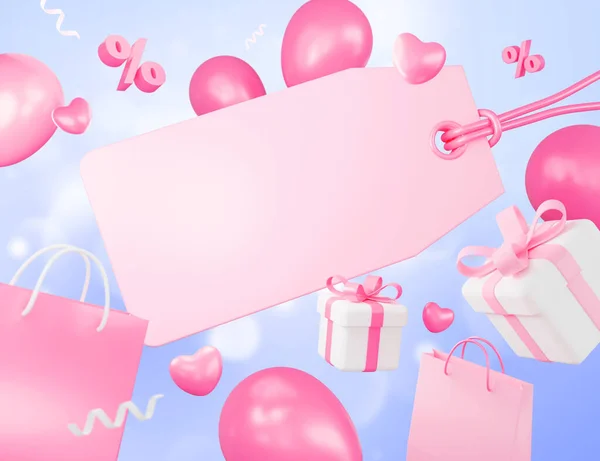 Valentine's day sale banner concept design of blank tag label gift box shopping bag and balloons with hearts 3D render