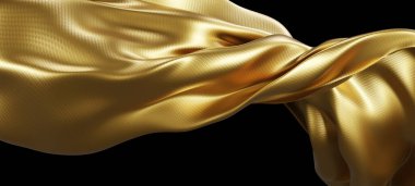 Gold fabric flying in the wind isolated on black background 3D render
