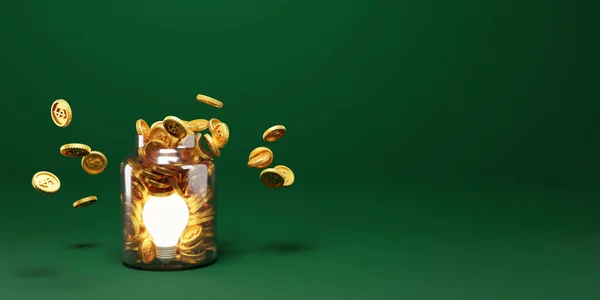Gold Coins Light Bulb Transparent Jar Copy Space Render — Stock Photo, Image