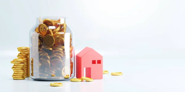 コピースペース付きの赤い家モデルと金のコインの家のコンセプトデザインを購入するためのお金を節約3Dレンダリング — ストック写真