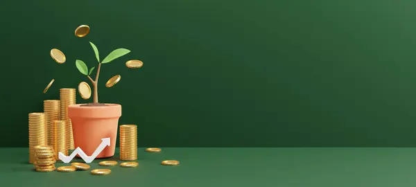 Gold coins and tree in flower pot on green background with copy space Saving money concept 3D render