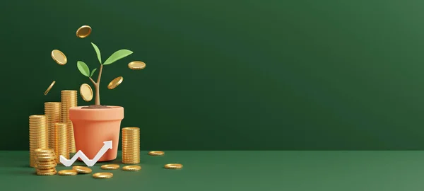 Arany Érmék Virágcserép Zöld Háttér Másolási Hely Pénzmegtakarítás Koncepció Render — Stock Fotó