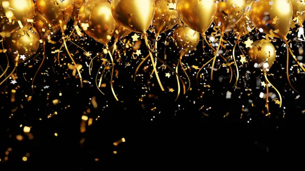 Gold balloons with foil confetti falling on black background 3d render