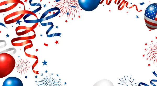 美国7月4日独立日彩带和气球横幅设计与烟火白色背景矢量图解 — 图库矢量图片#