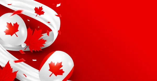 Kanada Den Července Banner Design Balónů Javorových Listů Bílou Tkaninou — Stockový vektor
