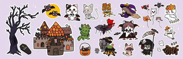 Halloween Adesivo Design Gato Fundo Violeta Vetor Ilustração —  Vetores de Stock
