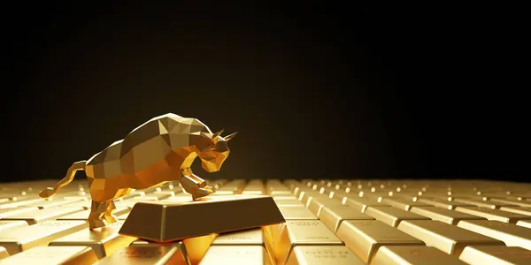 Goldener Bulle Steht Auf Goldbarren Mit Renderer Copy Space — Stockfoto