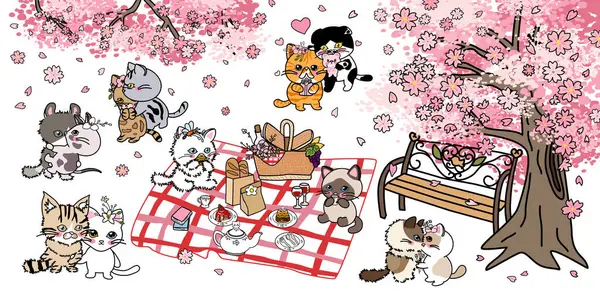 Katzenpaar Sakura Garten Vector Illustration — Stockvektor