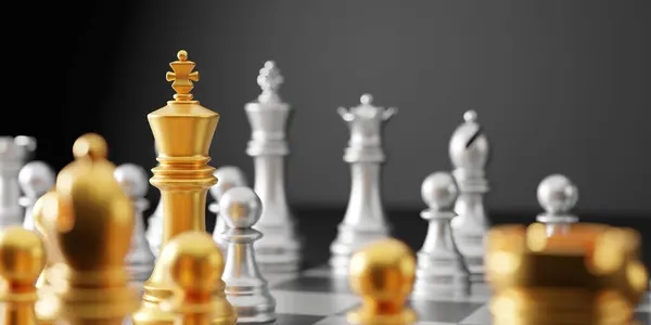Zlaté Stříbrné Šachy Černém Pozadí Obchodní Koncept Vykreslení — Stock fotografie