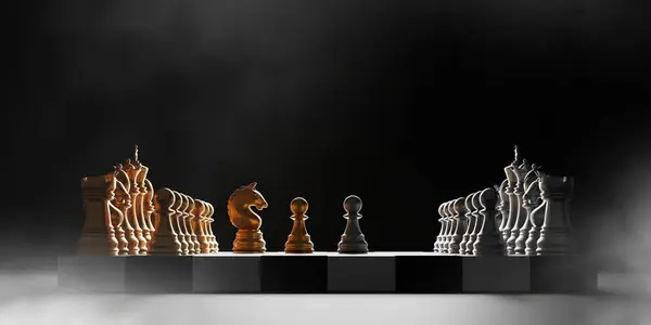 Zlaté Stříbrné Šachové Figurky Černém Pozadí Kouřem Vykreslení — Stock fotografie