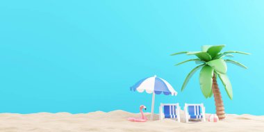 Summer tropical banner concept design 0f beach chair and umbrella flamingo inflatable with coconut tree on the beach 3D render