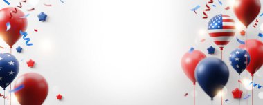 4 Temmuz Amerika Bağımsızlık Günü Balonların ve konfetilerin beyaz arkaplan üzerinde kopya alanı olan pankart tasarımı