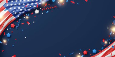 4 Temmuz Bağımsızlık Günü İşçi Partisi ve Amerikan bayrağı ve balonlarının mavi zemin üzerinde bayrak tasarımı