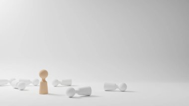 Ahşap insanların iş rekabeti konsepti beyaz arka planda diğer düşmüş insanların yanında 3D kopyalama alanı ile duruyor