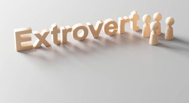 Ahşap insan grubunun dışa dönük konsept tasarımı ve gri zemin üzerinde İngilizce harfler 3D