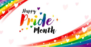 Mutlu Gurur Ayı LGBTQIAN + beyaz arkaplan vektör illüstrasyonunda kalpleri olan gökkuşağı çizgisi için pankart tasarımı