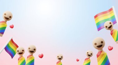 Gurur Ayı LGBTQ + konsept tasarımı t-shirt giyen ahşap insanlar ve kırmızı kalpli gökkuşağı bayrağı 3D kopyalama alanı