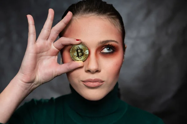 Beautiful Woman Holding Bitcoin Different Facial Expressions Studio Shot — Stock Photo, Image