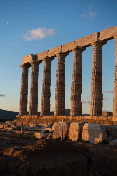Sounion Poseidons Tempel Grekland Ljuset Solnedgången — Stockfoto