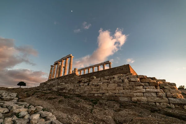 Sounion Templo Poseidón Grecia Bajo Luz Del Atardecer — Foto de Stock