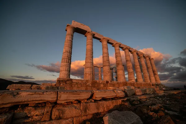 Sounion Tempio Poseidone Grecia Sotto Luce Del Tramonto — Foto Stock