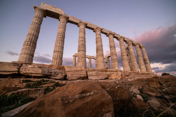 Sounion Templo Poseidón Grecia Bajo Luz Del Atardecer —  Fotos de Stock