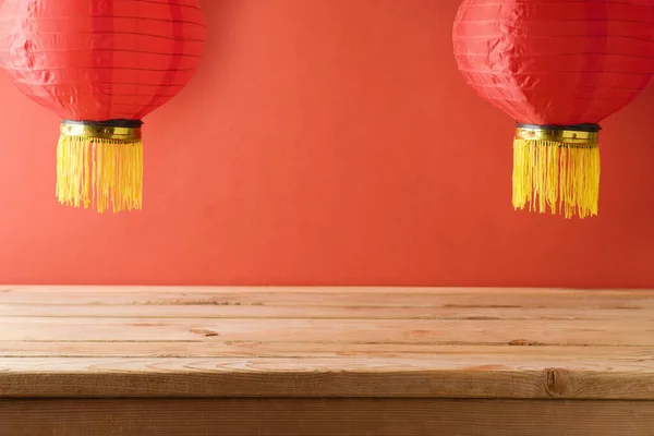Ünnepi Backgroind Kínai Újév Ünneplés Üres Asztal Hagyományos Piros Lámpák — Stock Fotó