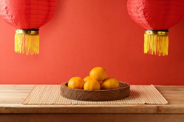Chinese New Year Celebration Background Orange Fruit Table Traditional Red — Stock Photo, Image