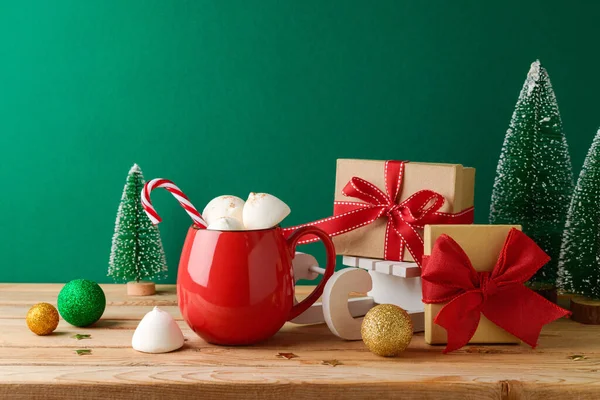Χριστουγεννιάτικο Ζεστό Φλιτζάνι Σοκολάτας Marshmallow Κουτιά Δώρων Και Διακοσμήσεις Ξύλινο — Φωτογραφία Αρχείου