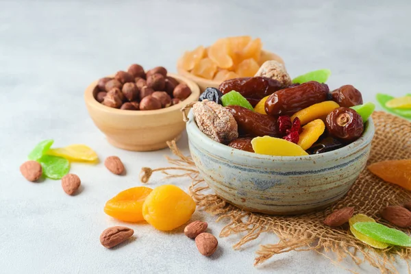 Dried Dates Fruits Nuts Bowl Rustic Background — Stock Photo, Image