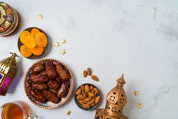 Ramadan Kareem Holiday Concept Dried Dates Fruits Decorations Bright Background — Stockfoto