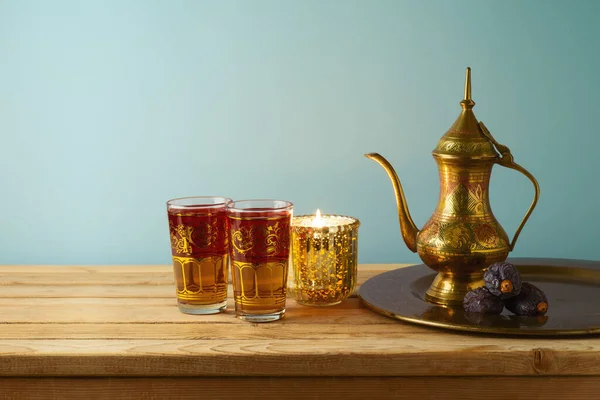 Ramadan Kareem Holiday Celebration Concept Tea Dried Dates Wooden Table — 图库照片