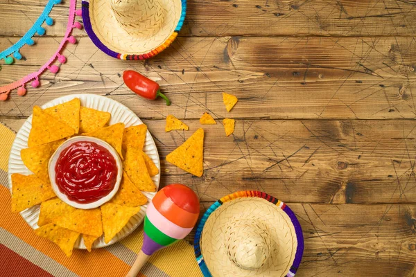 Cinco Mayo Mexikói Nyaralás Koncepció Nacho Chips Party Dekorációk Asztal — Stock Fotó