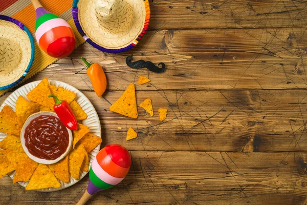 Cinco Mayo Concept Fête Mexicaine Avec Des Chips Nacho Chapeau — Photo