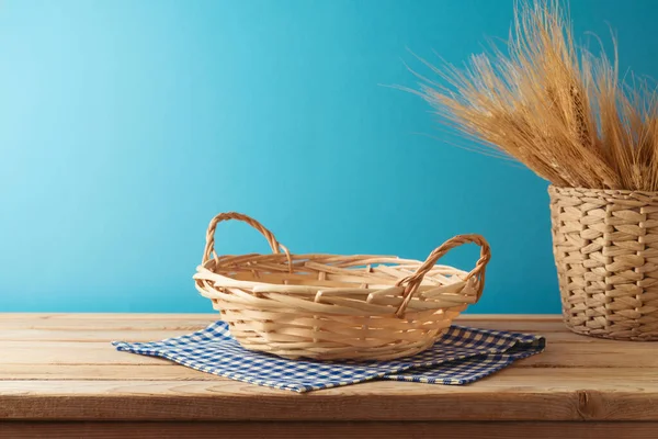 Empty Basket Tablecloth Wooden Table Blue Background Jewish Holiday Shavuot — Stock Photo, Image