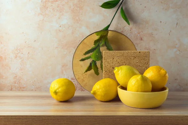 Summer Creative Modern Still Life Composition Lemons Wooden Table — Stock Photo, Image