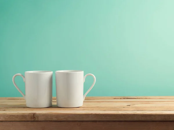 Fehér Kávé Csésze Asztal Felett Kék Háttér Mock Márkaépítés Tervezés — Stock Fotó