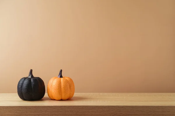 Autumn Decoration Concept Glitter Orange Black Pumpkin Wooden Table Modern — Stock Photo, Image