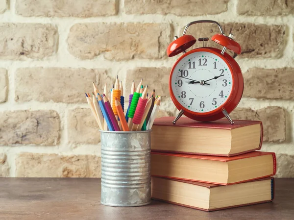 Back School Concept Pencils Books Alarm Clock Wooden Table Brick — Stock Photo, Image