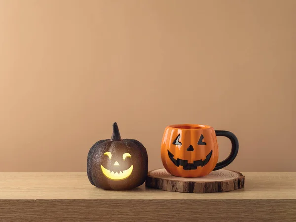 Halloween Concept Vacances Avec Jack Lanterne Tasse Café Décoration Citrouille — Photo
