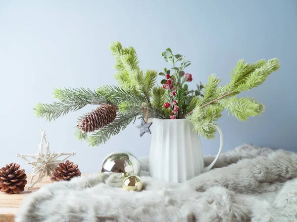 Christmas Decoration Pine Tree Branches Vase Ornaments Wooden Table Bright — Stock Photo, Image