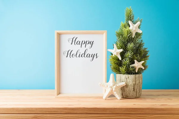 Creative Christmas Tree Starfish Decoration Frame Mock Wooden Table Blue — Stock Photo, Image